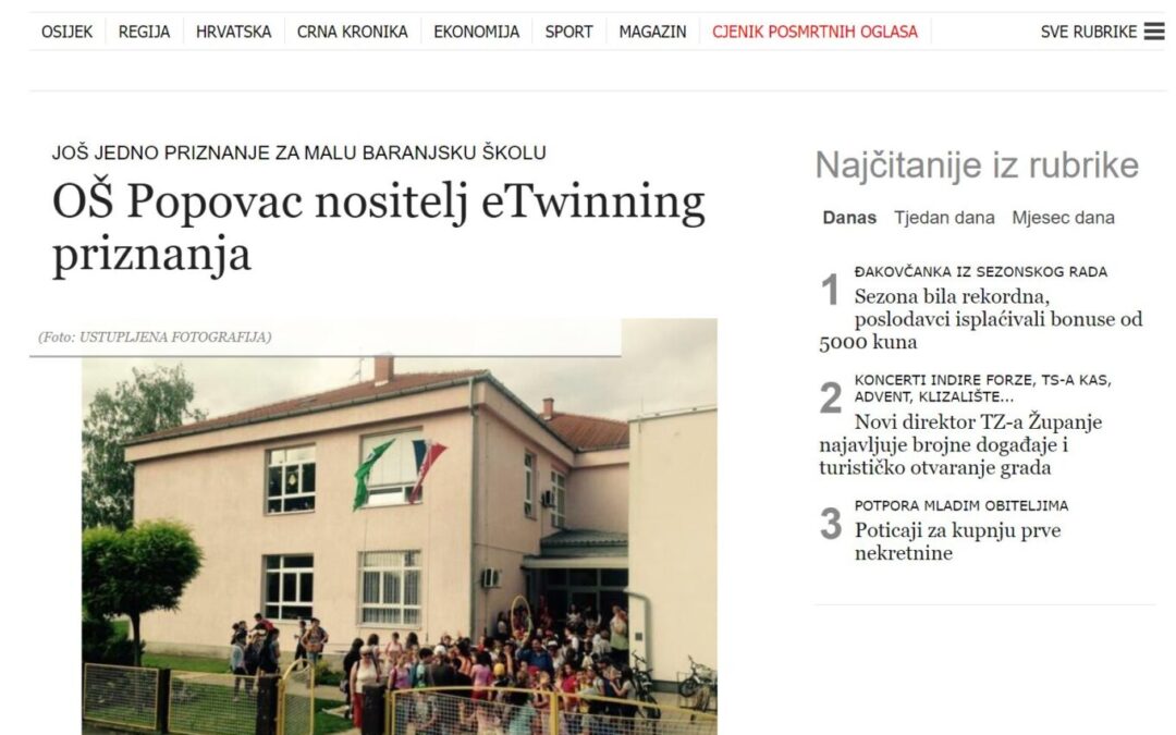 Glas Slavonije: OŠ Popovac nositelj eTwinning priznanja